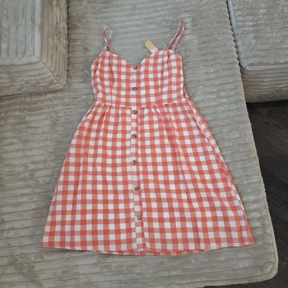 Gianni Bini Orange Gingham Plaid Button Front Cami Mini Dress Sun Dress Size S